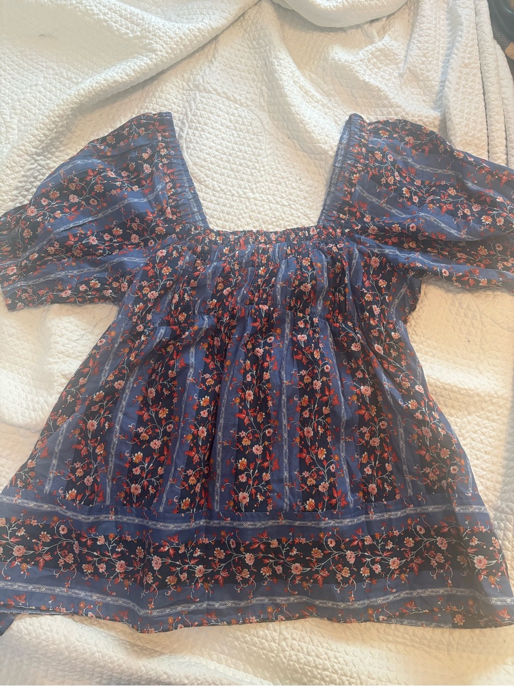 Free People Women's Navy Floral Puff-Sleeve Square-Neck Top
